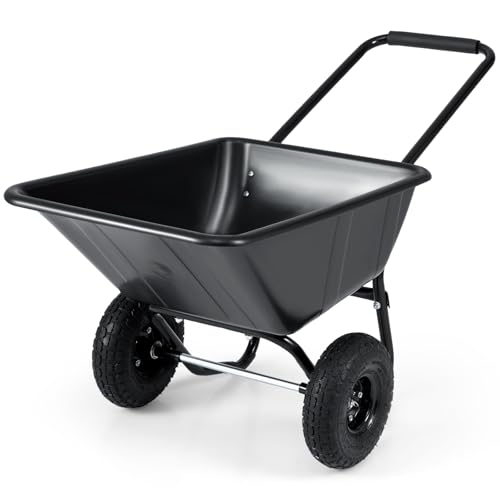 Goplus 2 Wheel Wheelbarrow, 330 LBS Utility Garden Cart with 10” Pneumatic Tires & Handle, 21 Gal Volume, Yard Dump Cart Wheel Barrow, Heavy Duty Wheel Barrow for Lawn (Black Handle+Black Cart)
