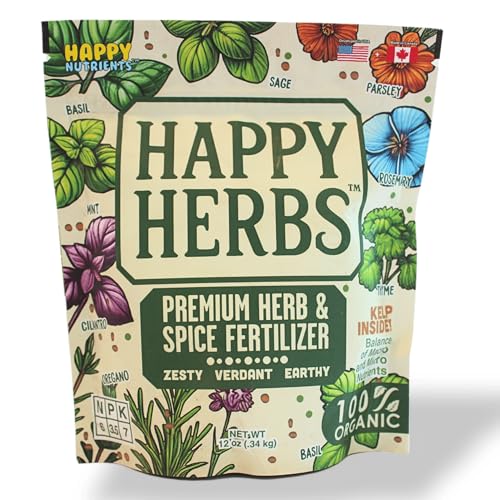 Fertilizer for Herbs Happy Herb Organic Fertilizer by Happy Nutrients – Plant Food for Basil, Mint, Cilantro, Rosemary, Thyme & More – Macro & Micro Nutrients for Home Gardens – 12 oz (0.34 kg)