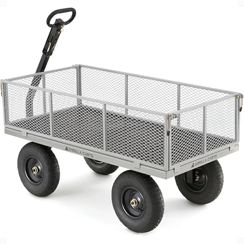 Gorilla Carts Steel Utility Cart, 7 Cu Ft Bed, 1000 lb Load Capacity, Gray – Towable Heavy-Duty Outdoor Hauling Wagon with Removable Side Panels for Yard, Lawn, Garden or Landscaping