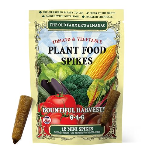 The Old Farmer's Almanac Tomato & Vegetable Plant Food Mini Spikes - NPK 6-4-6 for Continuous Feeding and Bountiful Harvests (12 Mini Plant Food Spikes)
