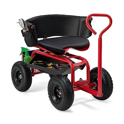 Goplus Garden Seat with Wheels, Rolling Gardening Stool with Adjustable 360° Swivel Seat, Tool Tray & Storage Basket, Extendable Handle, Outdoor Gardening Scooter, Garden Cart Workseat for Seniors