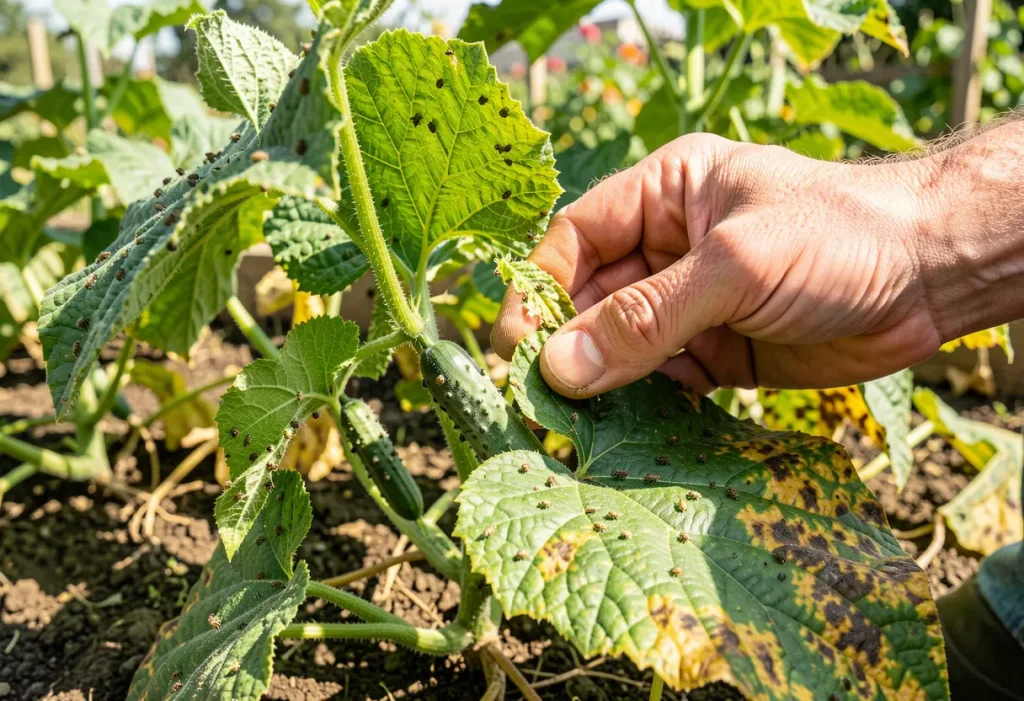 Aphids on Cucumber Plants – cucumber leaves showing clusters of aphids in vegetable garden