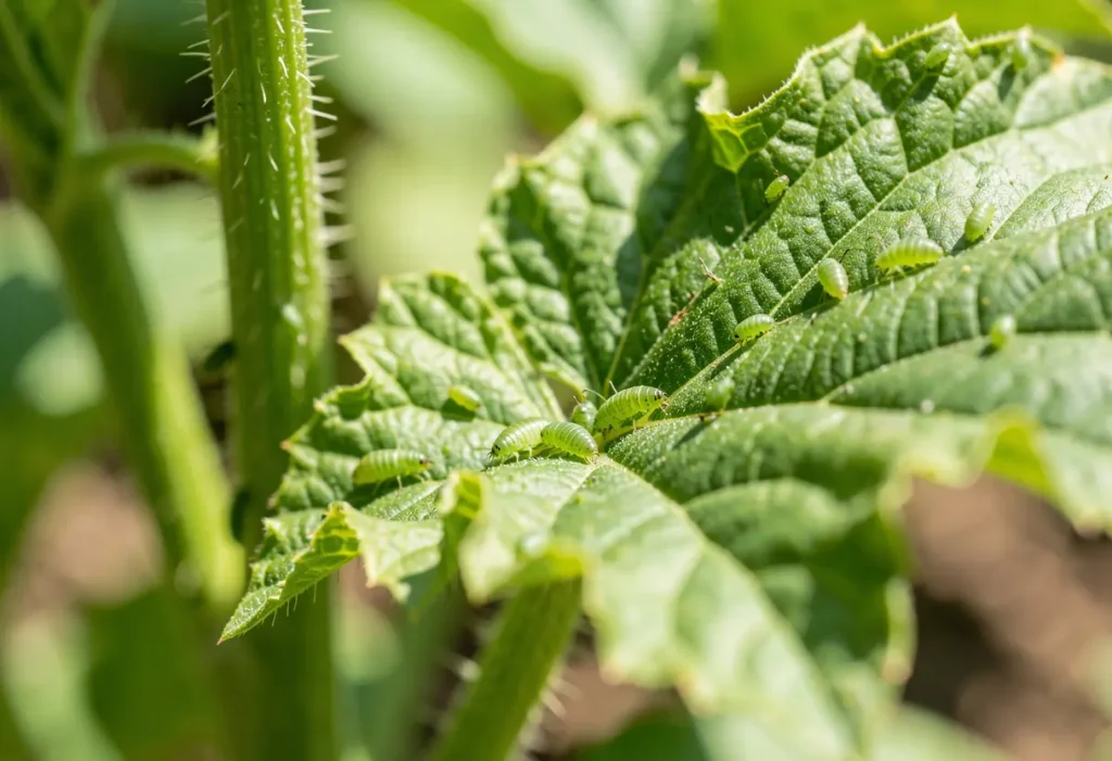 Aphids on Cucumber Plants – hands removing aphids from cucumber vines in home garden