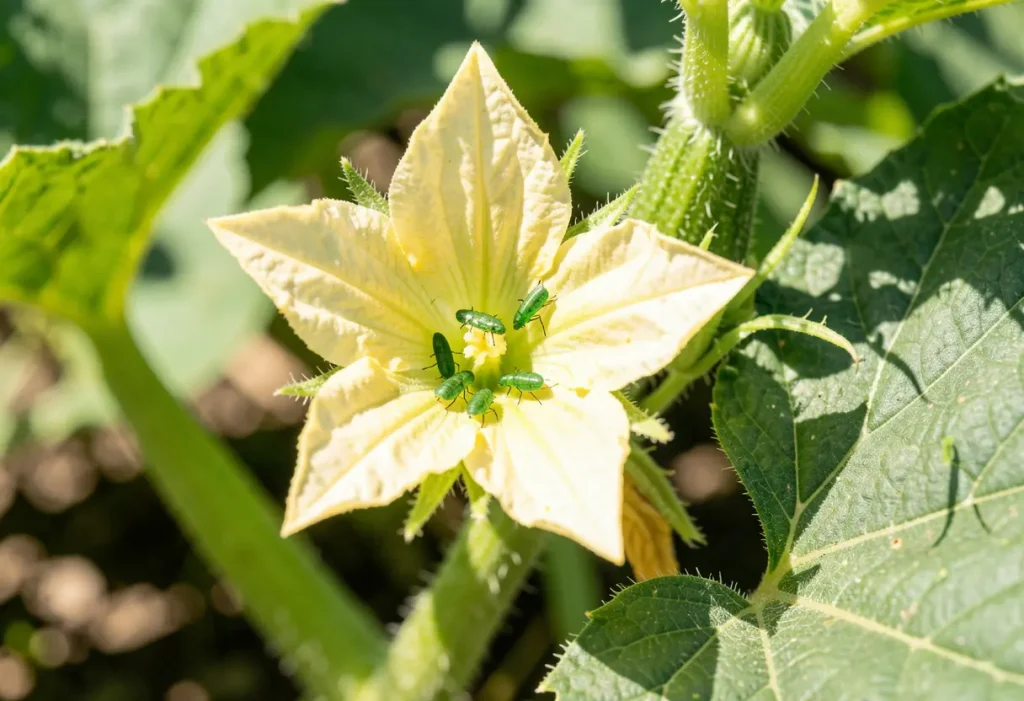 Aphids on Cucumber Plants – organic treatment applied to cucumber plant affected by aphids