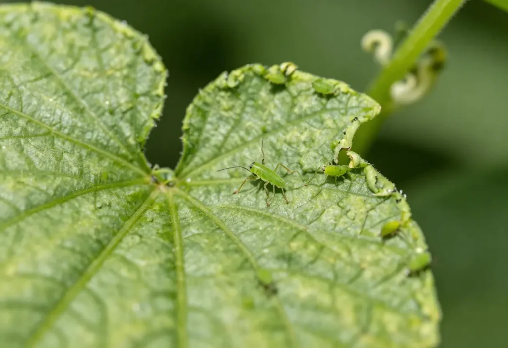 Aphids on Cucumber Plants – close-up of tiny green aphids feeding on cucumber leaves