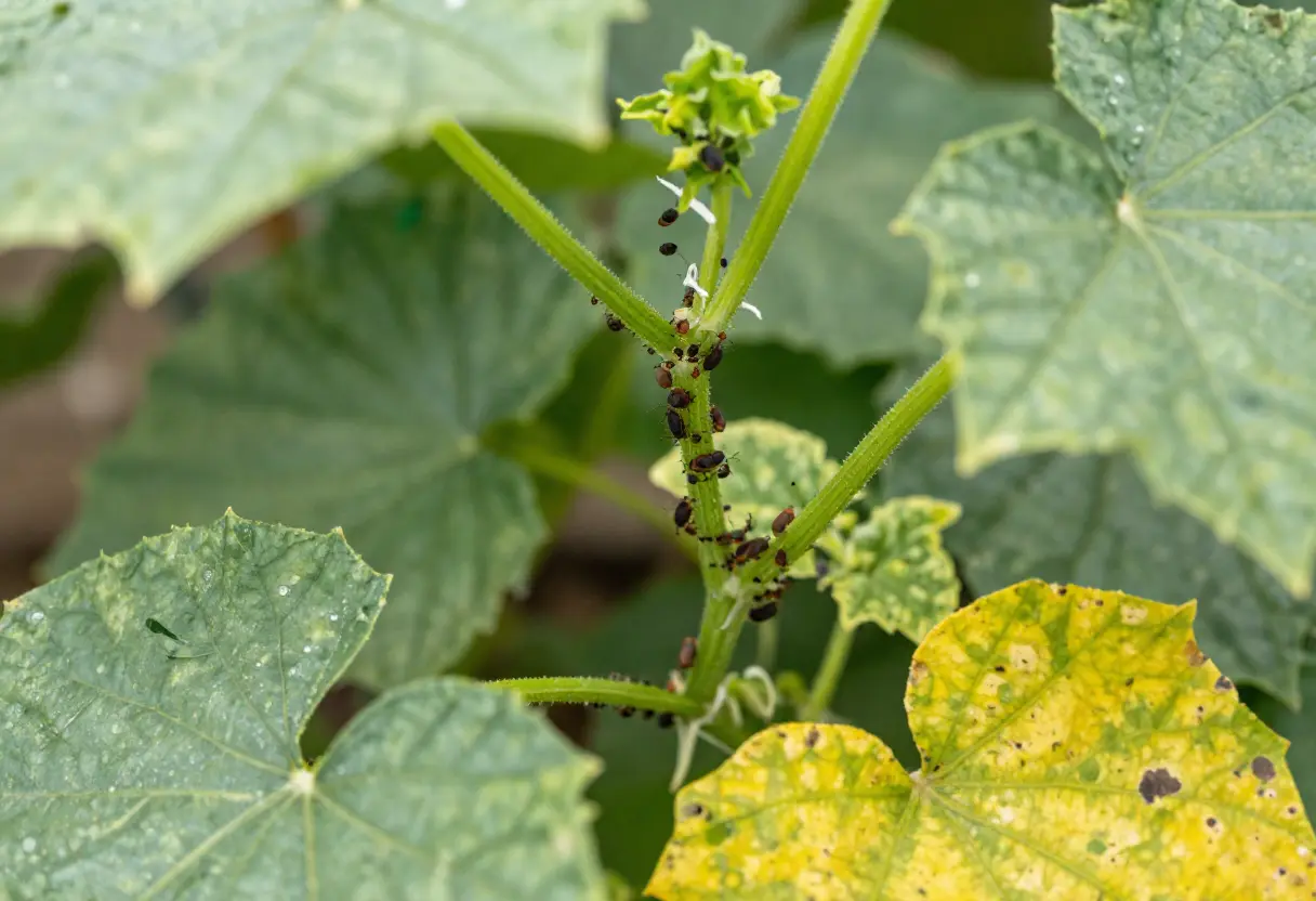 Aphids on Cucumber Plants – gardener inspecting cucumber plant infested with aphids