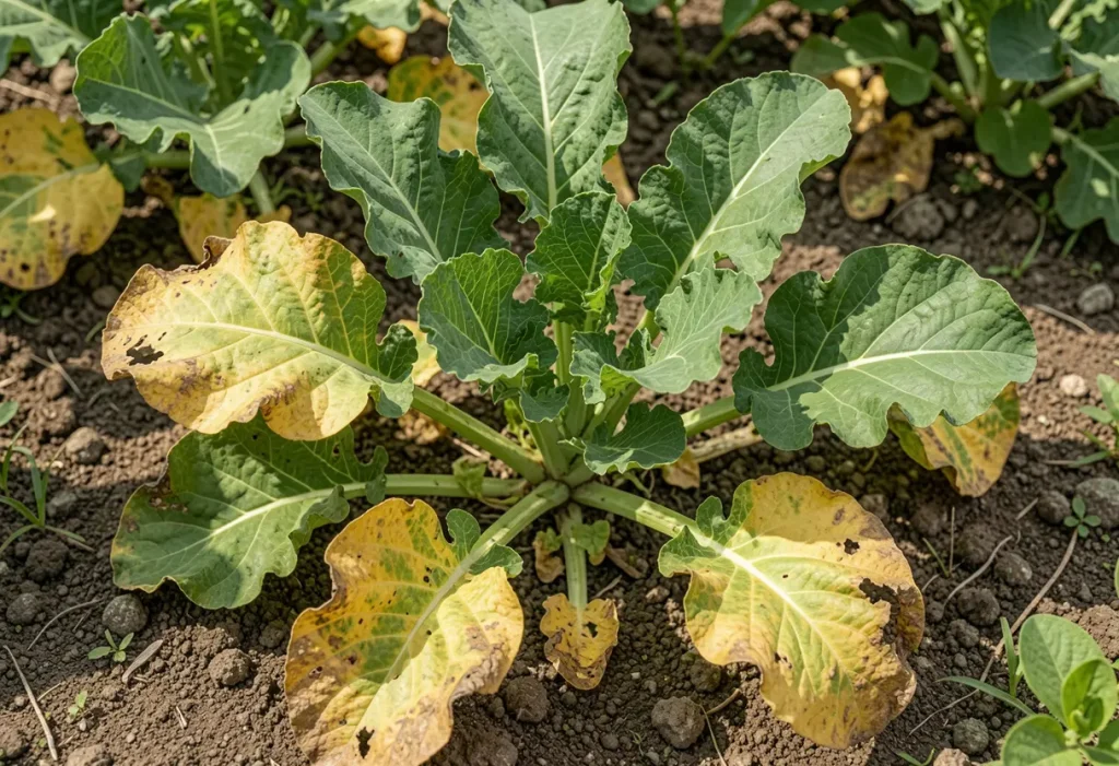 Broccoli Leaves Turning Yellow showing nutrient deficiency in garden plant