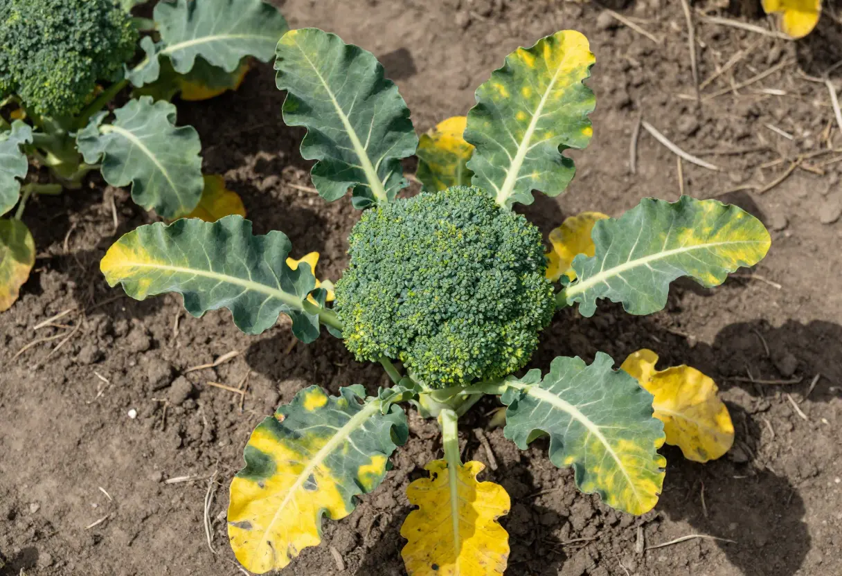 Broccoli Leaves Turning Yellow close-up of affected leaves in backyard garden