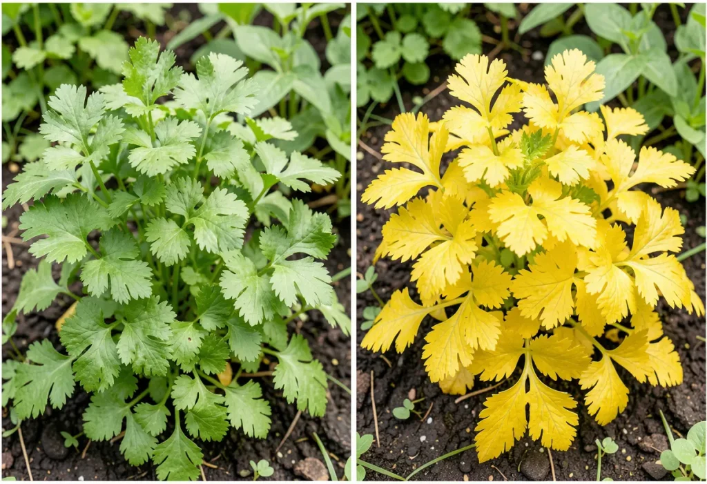 Cilantro Leaves Turning Yellow – healthy and yellow cilantro leaves comparison in home garden