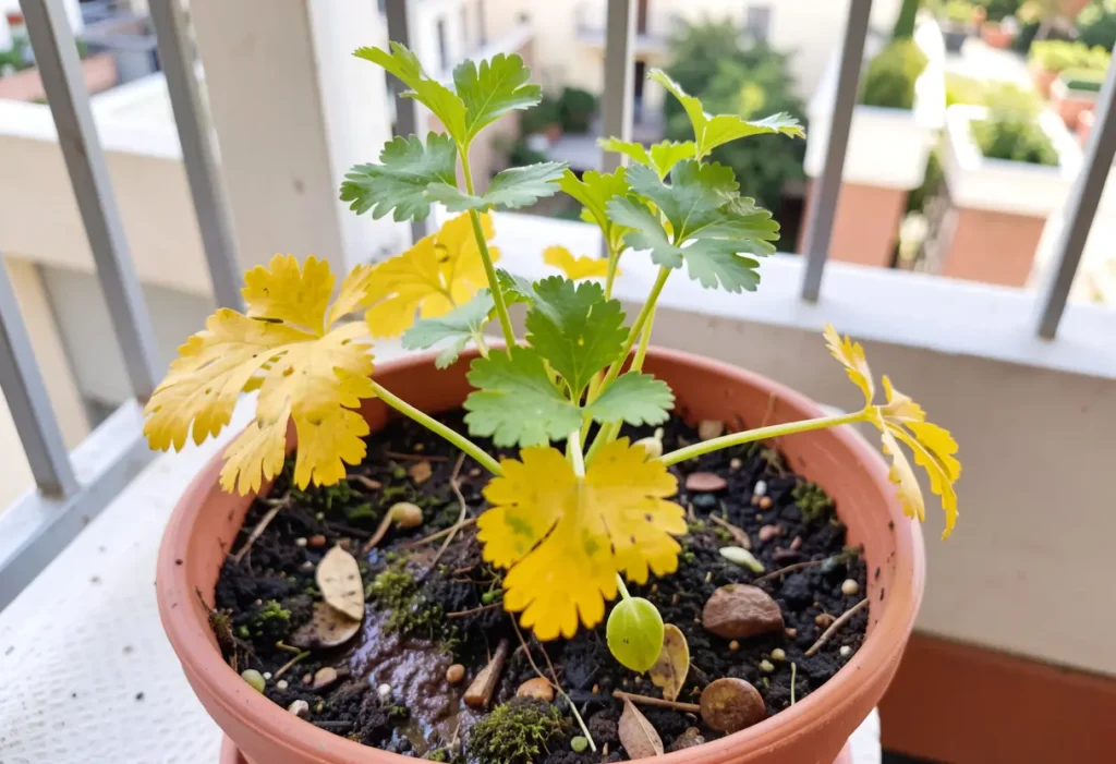 Cilantro Leaves Turning Yellow – gardener inspecting stressed cilantro plant in container