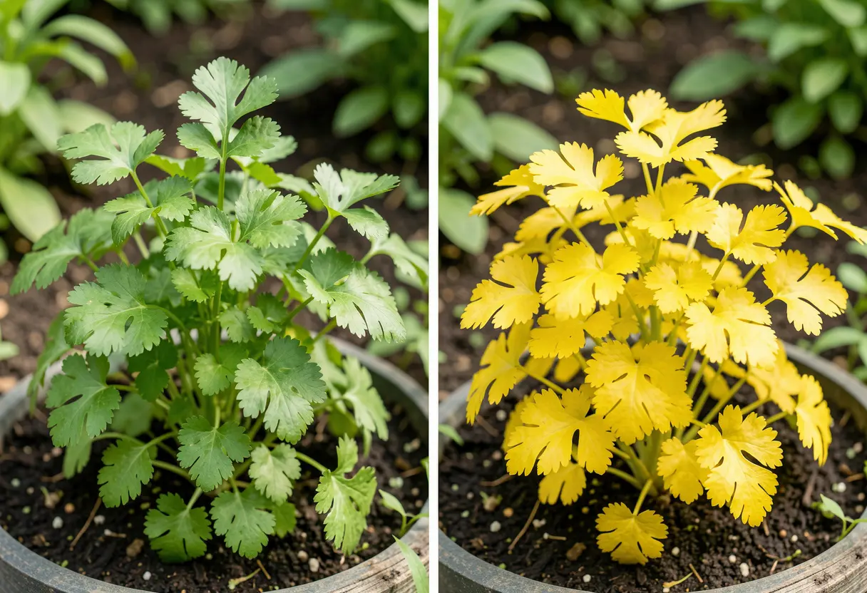 Cilantro Leaves Turning Yellow – close-up of yellowing cilantro leaves in garden bed
