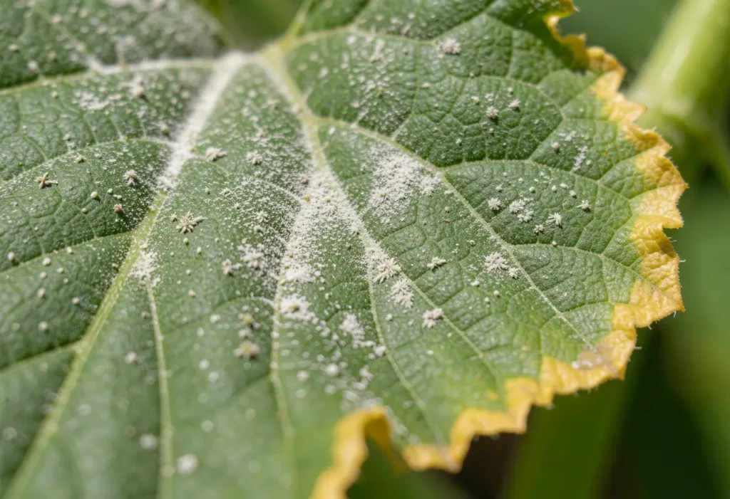 Cucumber Plant Diseases And Pests with powdery mildew and insect damage