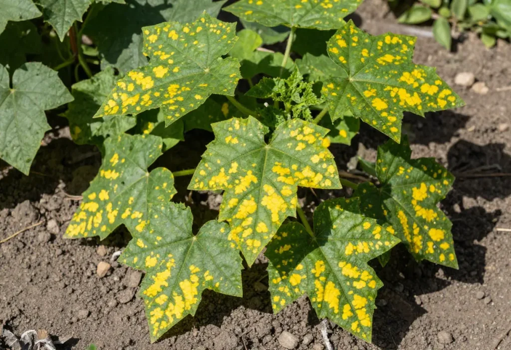 Cucumber Plant Diseases And Pests close-up of damaged leaves and stems