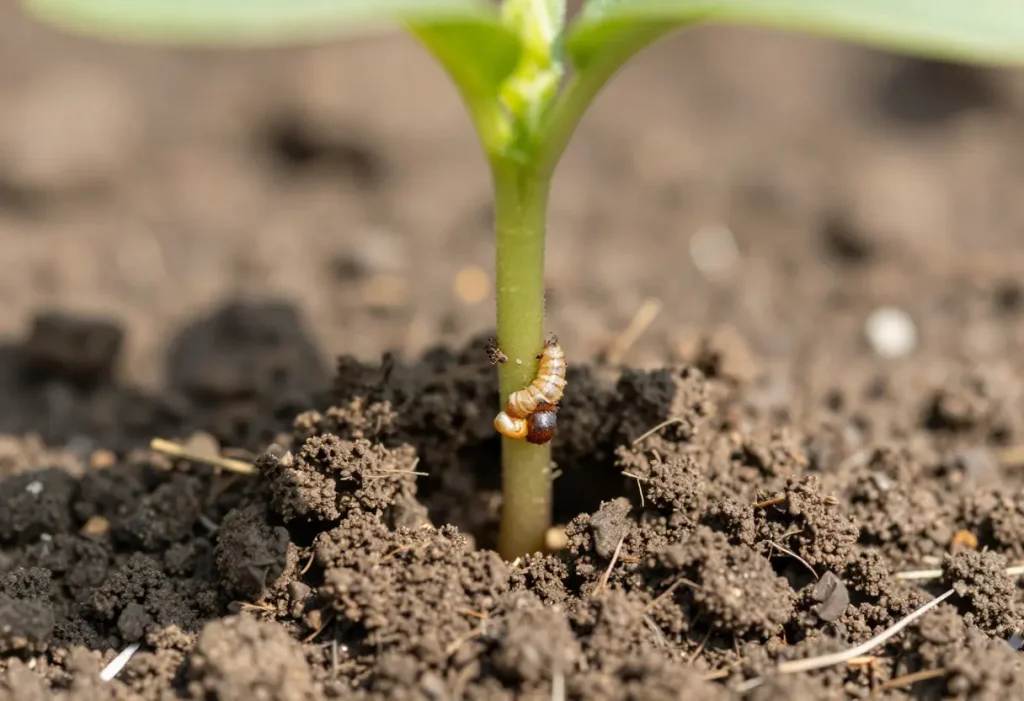 Cutworm Damage to Seedlings in home garden with damaged seedlings