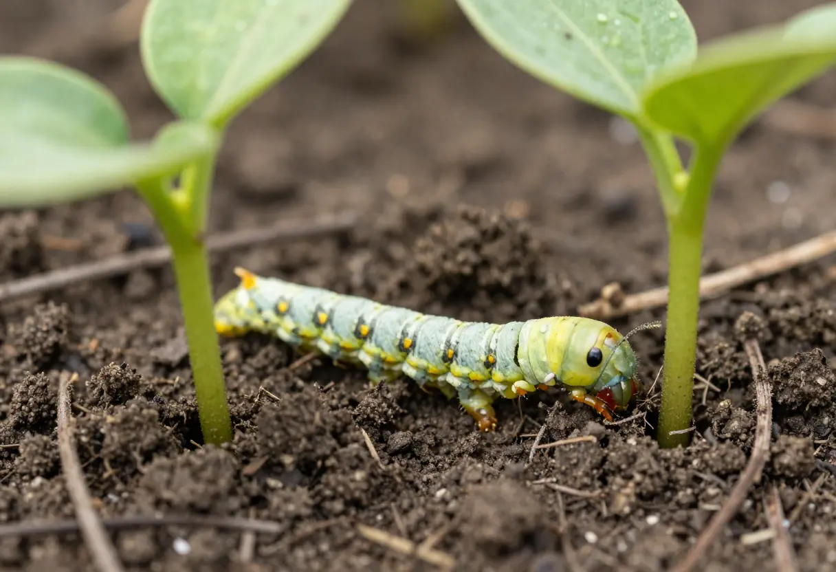 Cutworm Damage to Seedlings showing chewed stems and wilting plants