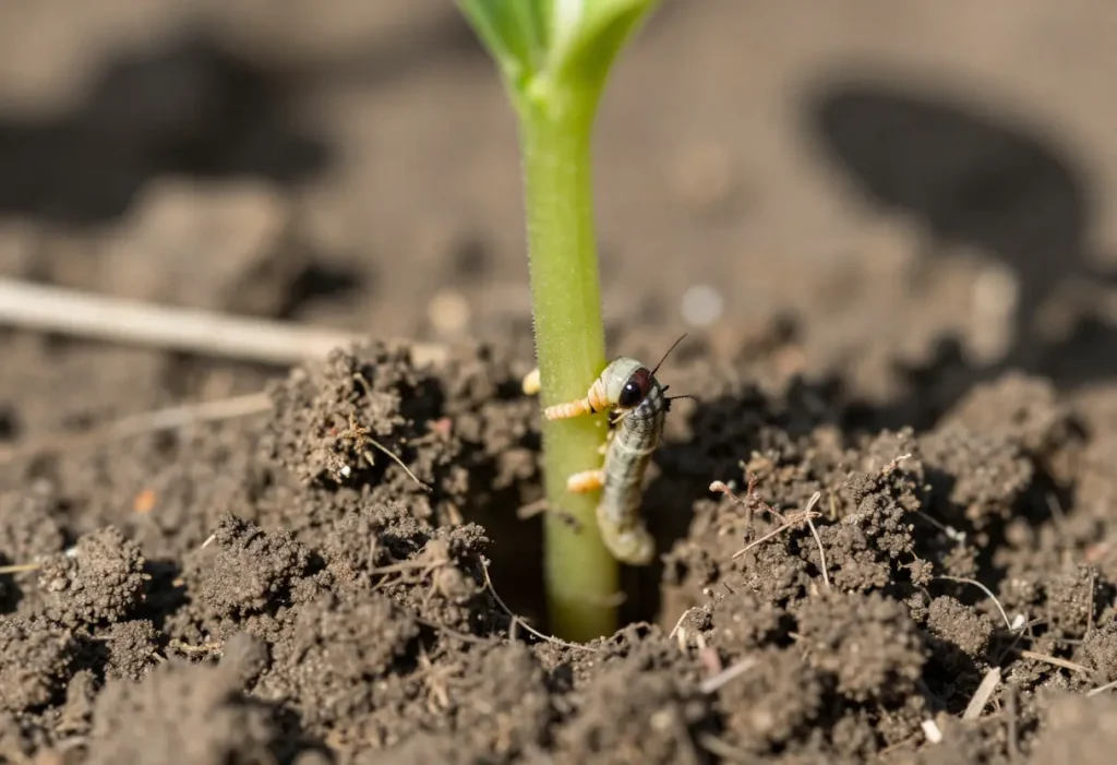 Cutworm Damage to Seedlings showing early signs of pest infestation