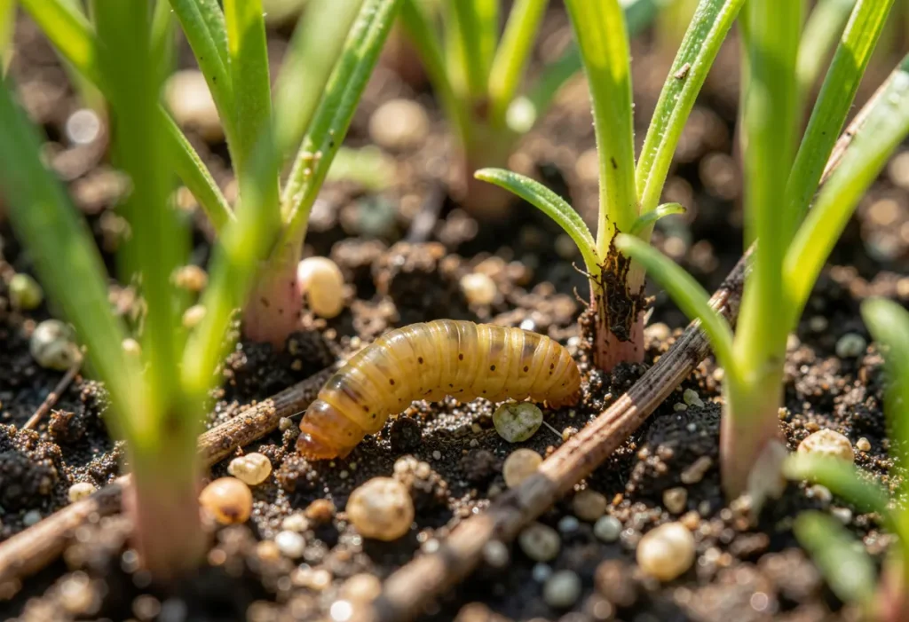 Cutworm Damage to Seedlings close-up of young plants affected by pests