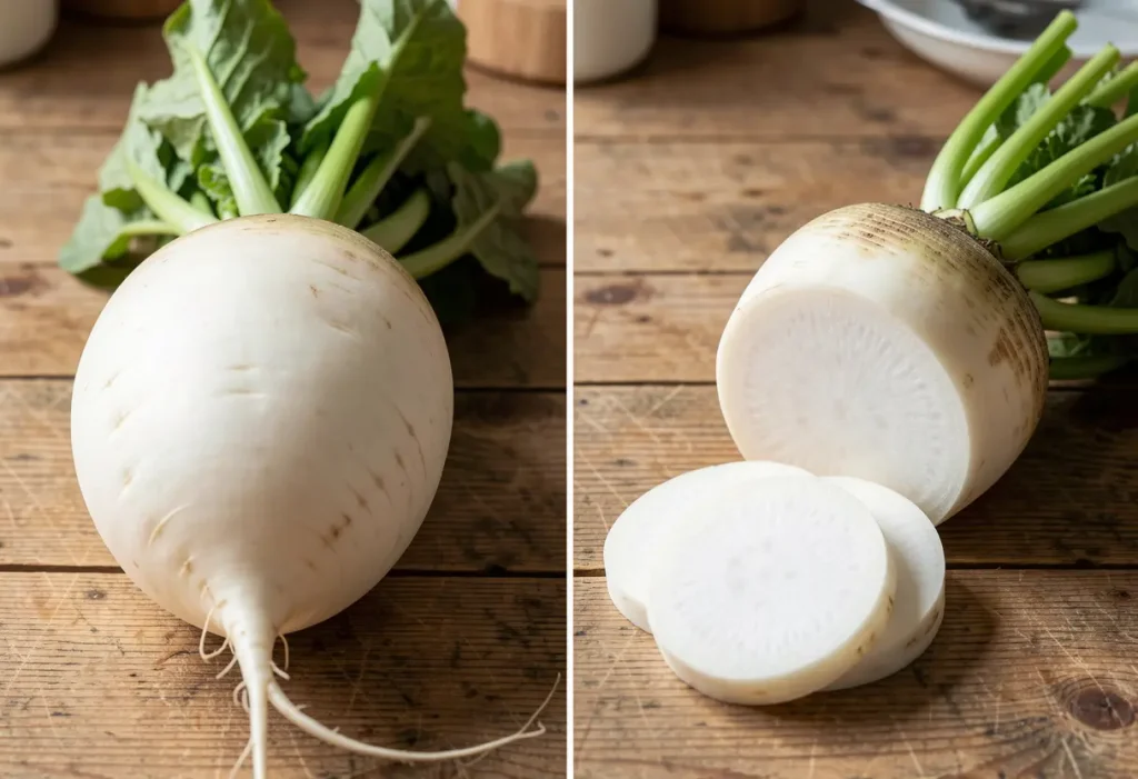 Daikon Vs White Radish – gardener holding daikon and white radish to compare varieties