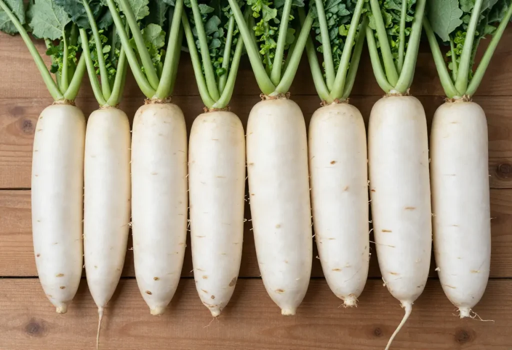 Daikon Vs White Radish – close-up showing size and shape differences between daikon and white radish