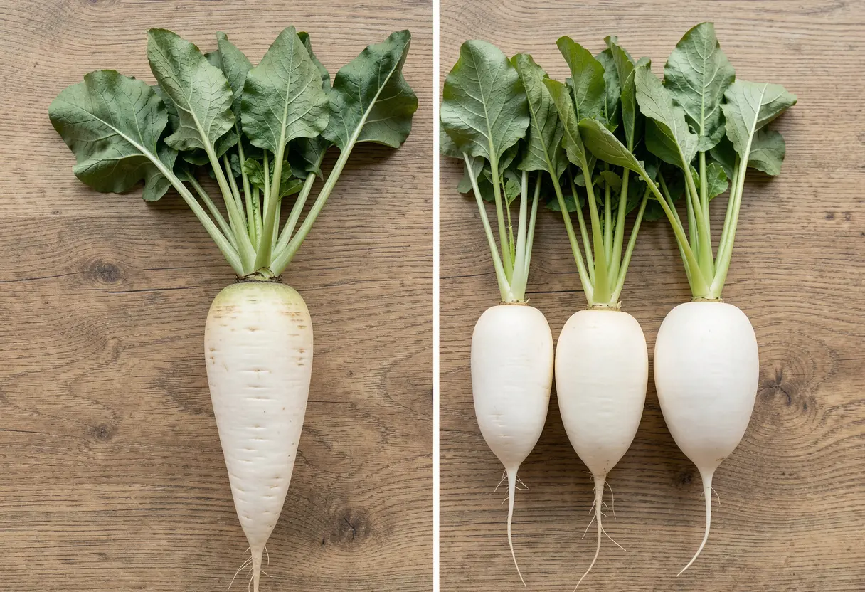 Daikon Vs White Radish – fresh daikon and white radish displayed on wooden table