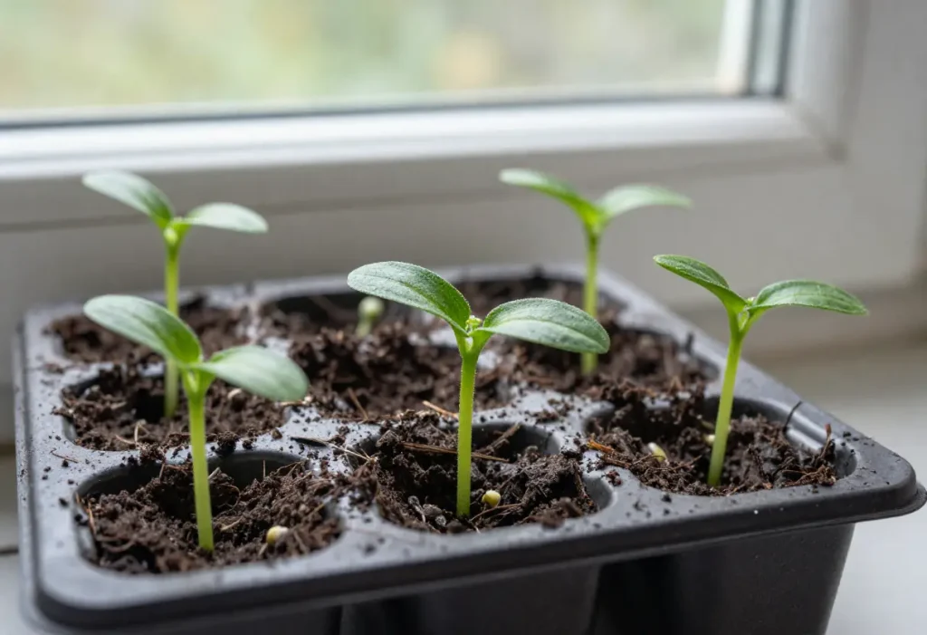 Germination Time for Zucchini – young zucchini seedlings emerging from soil in seed tray