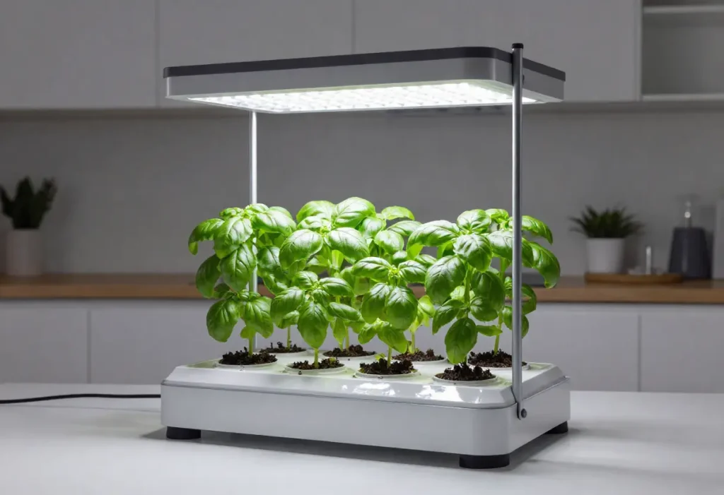Grow Light for Basil – indoor basil plant thriving under full-spectrum grow light