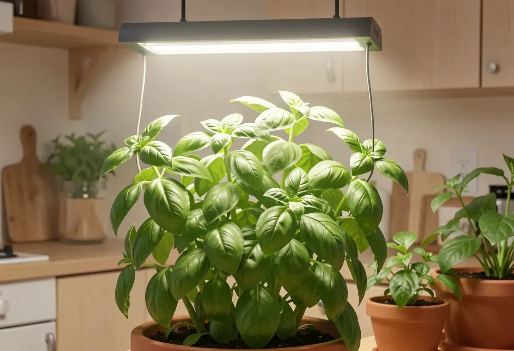 Grow Light for Basil – hands adjusting grow light above potted basil seedlings