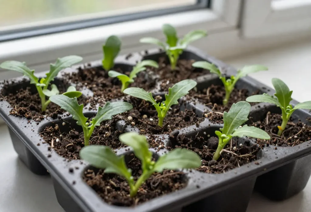 Growing Arugula from Seed – close-up of young arugula seedlings emerging from soil