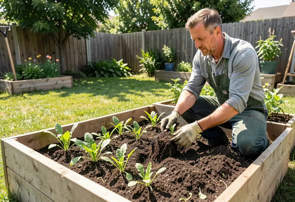 Growing Arugula from Seed – gardener sowing arugula seeds in raised garden bed