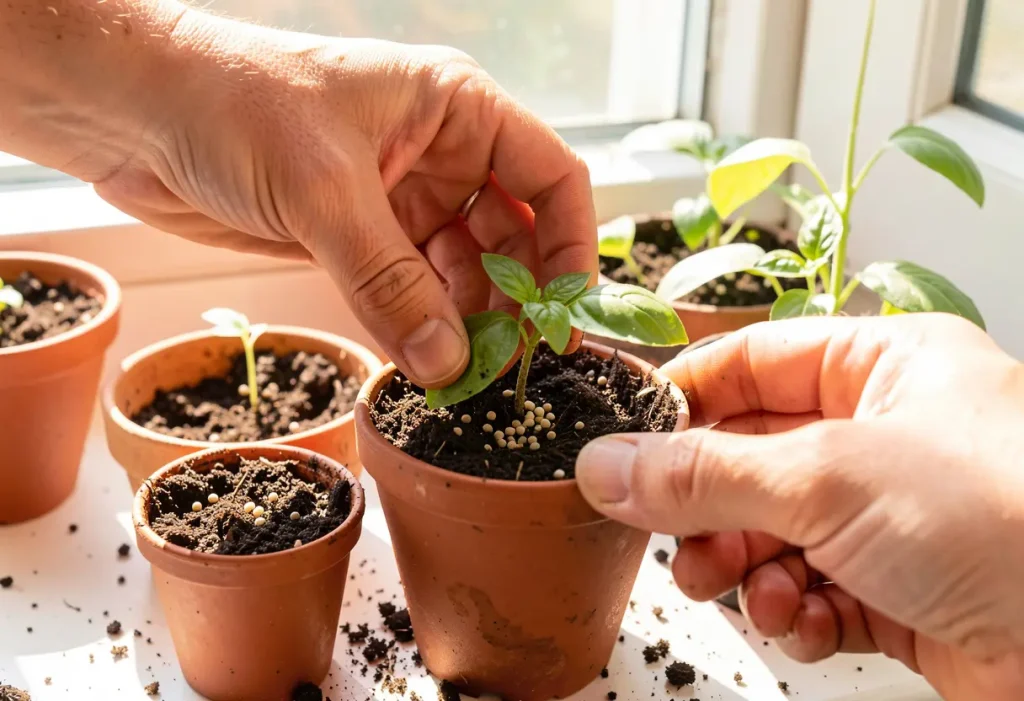 Growing Basil from Seed – close-up of basil seedlings emerging from soil