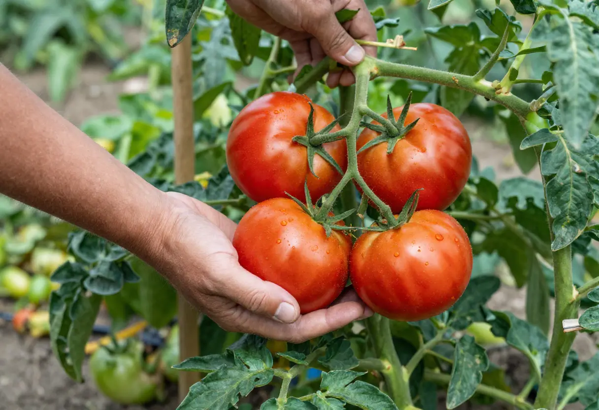 Growing Big Beef Tomatoes – row of beef tomato plants producing oversized fruits ready for harvest