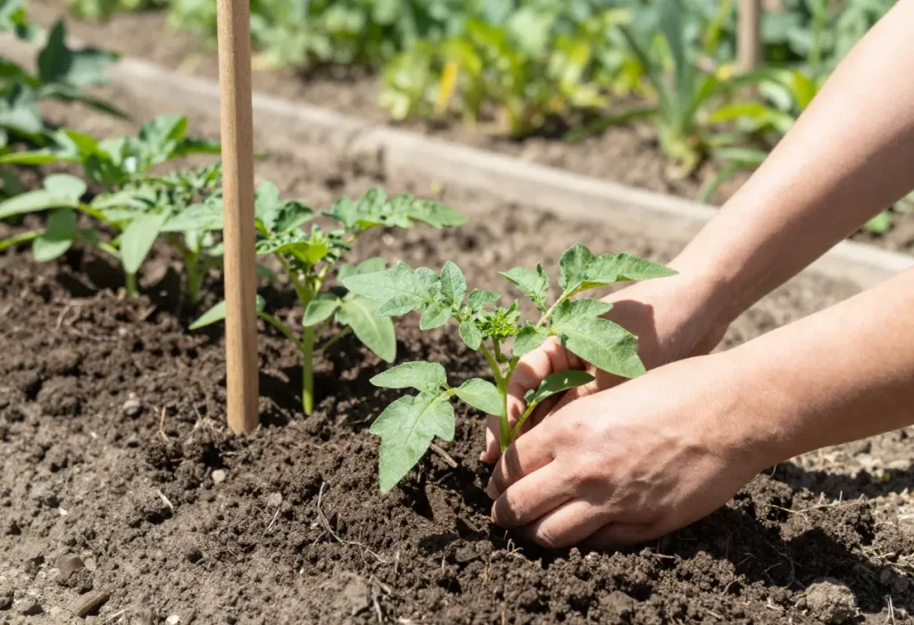 Growing Big Beef Tomatoes – gardener staking large beef tomato plants in raised garden bed