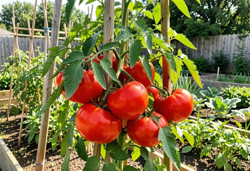 Growing Big Beef Tomatoes – close-up of ripe, red beef tomatoes on healthy vines