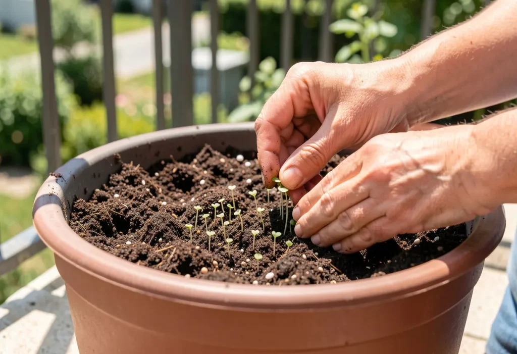 Growing Radishes from Seed – gardener sowing radish seeds in garden soil