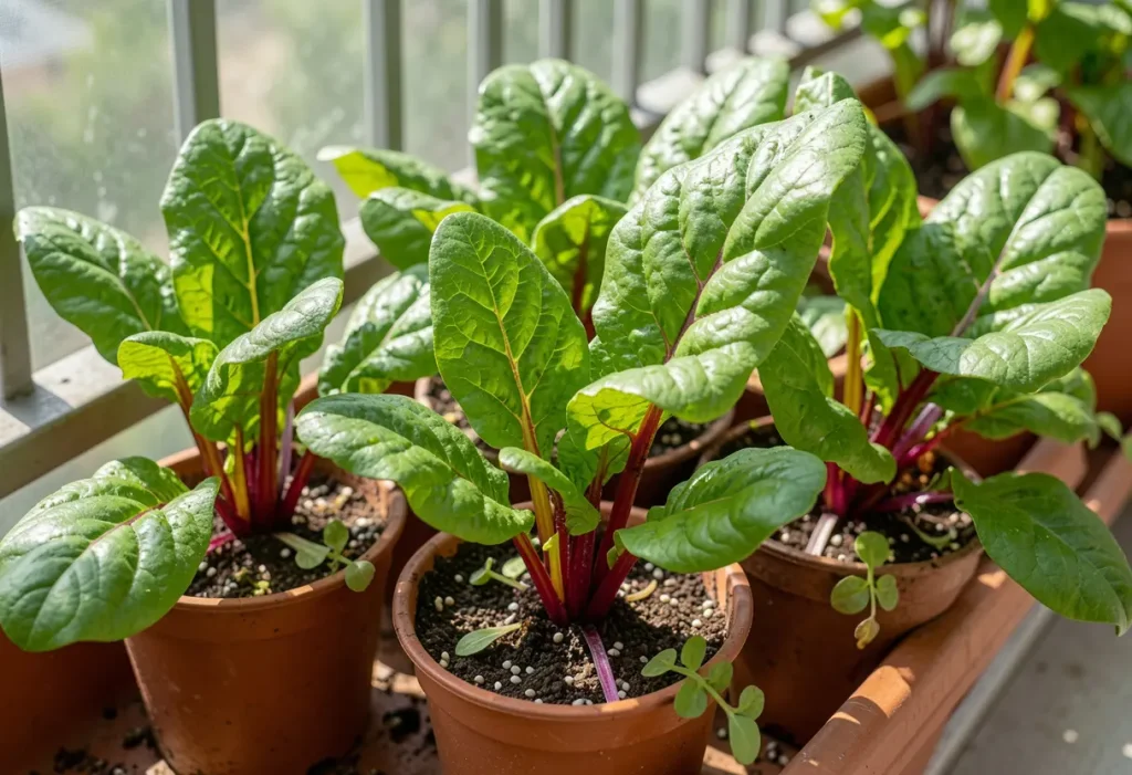 Growing Swiss Chard from Seed – healthy Swiss chard seedlings growing in vegetable garden