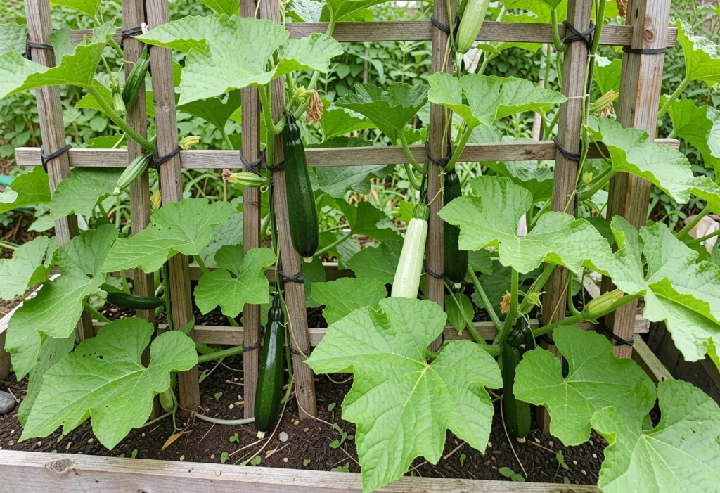 Growing Zucchini Squash on a Trellis in a small backyard garden