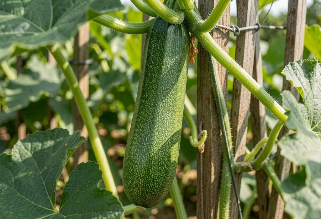 Growing Zucchini Squash on a Trellis with vertical support and healthy vines