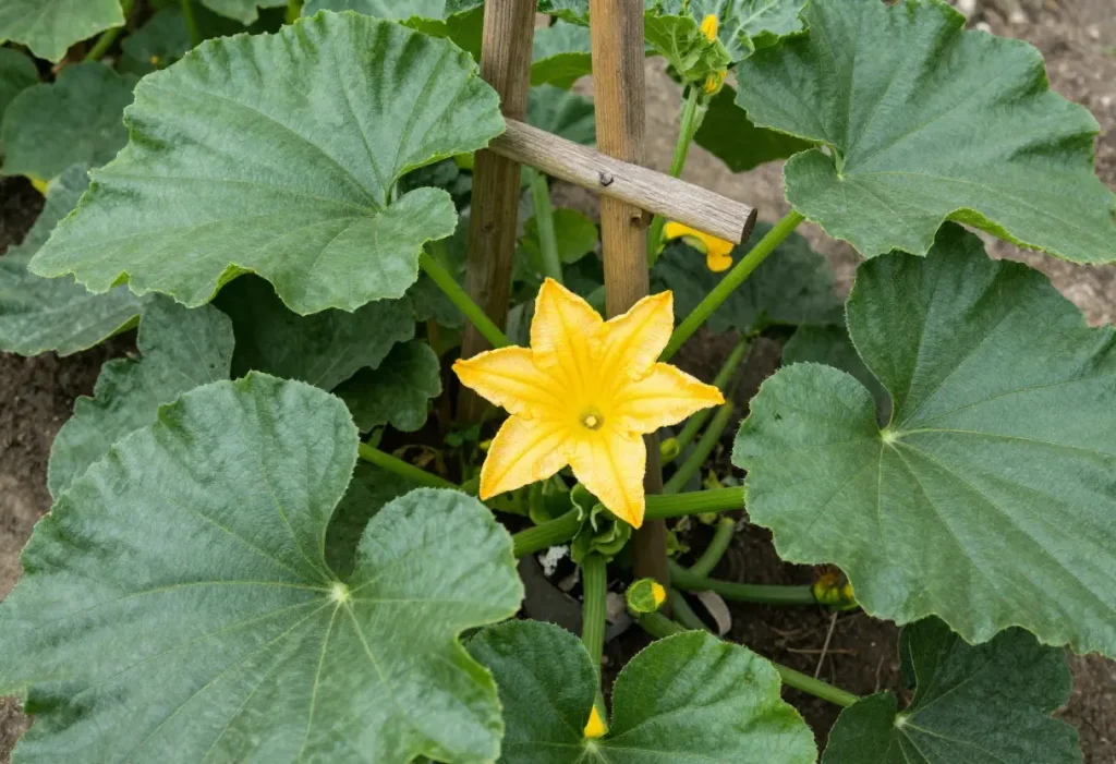 Growing Zucchini Squash on a Trellis with large green leaves and flowers