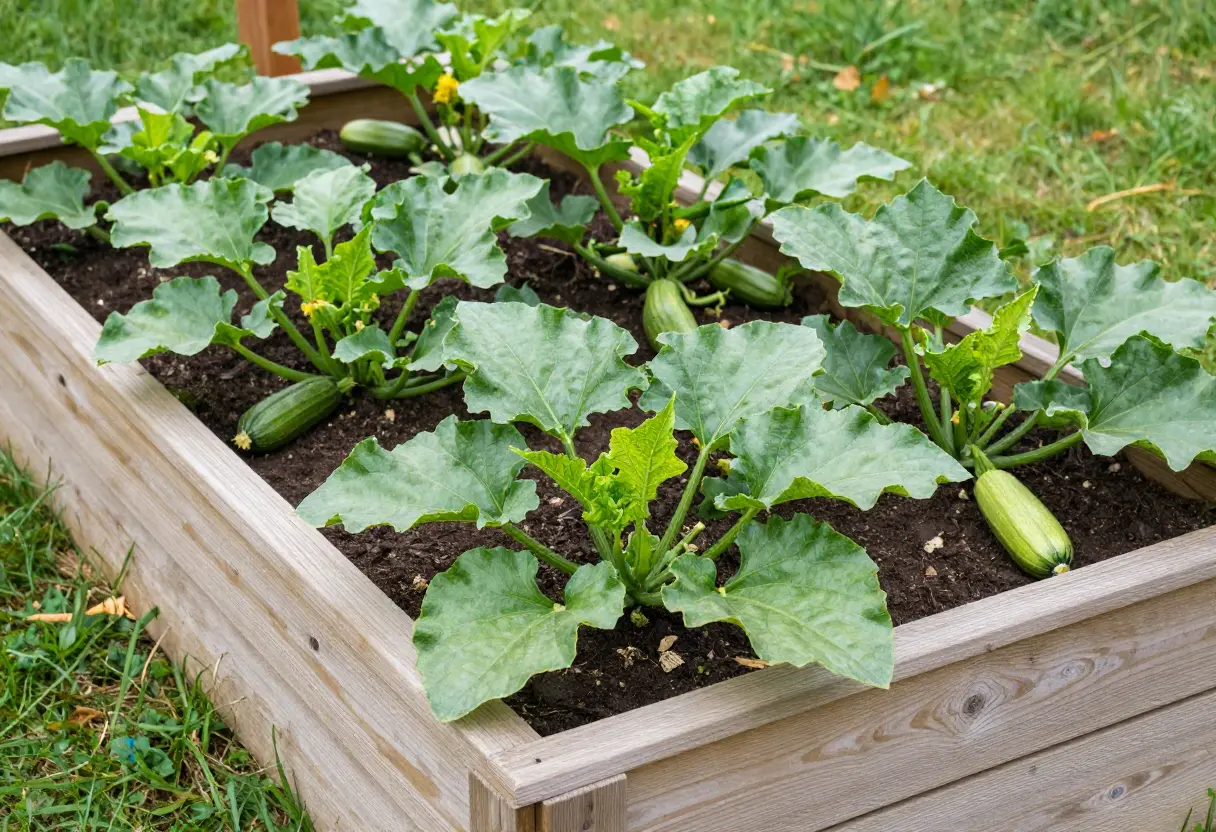 Growing Zucchini in a Raised Bed with healthy green leaves and large plants