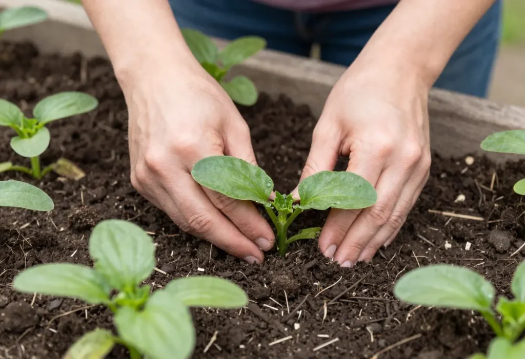 Growing Zucchini in a Raised Bed showing early plant growth stages