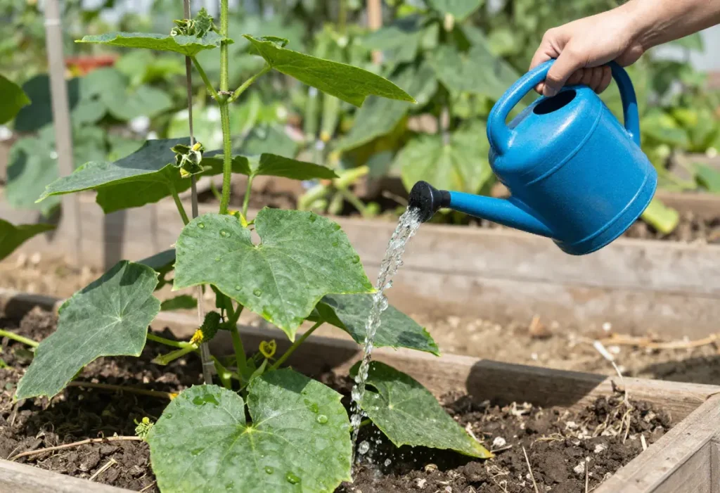 How Often to Fertilize Cucumbers – cucumber plants thriving in raised bed with balanced nutrients