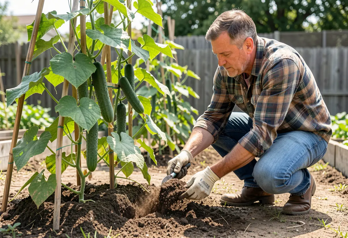 How Often to Fertilize Cucumbers – gardener applying fertilizer around cucumber plants in garden