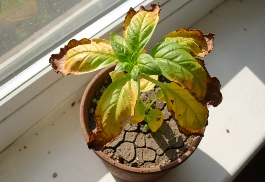 How to Fix Yellow Basil Leaves close-up of affected basil plant leaves