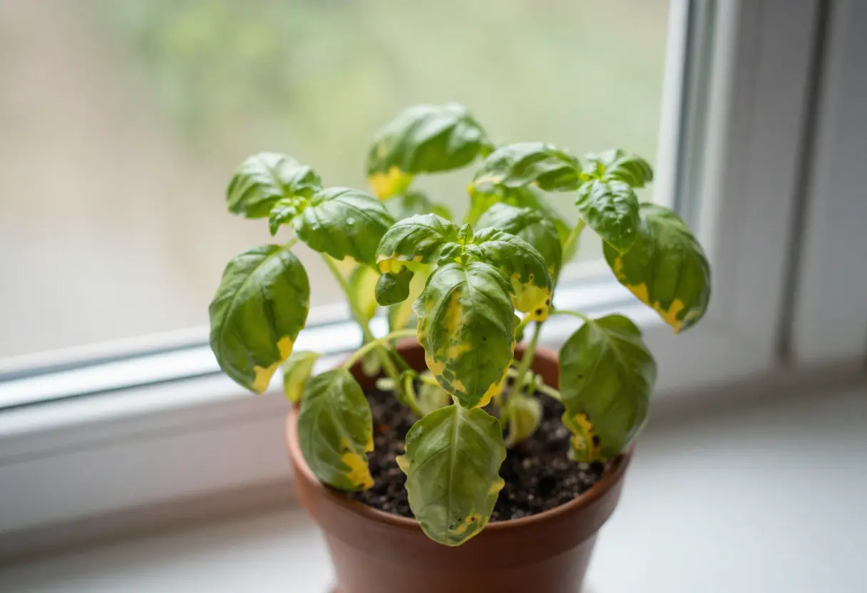 How to Fix Yellow Basil Leaves caused by overwatering in container plant