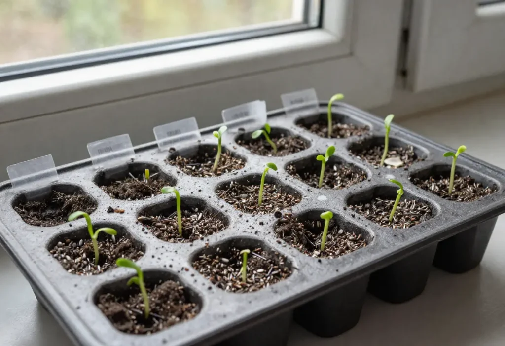 How to Germinate Basil Seeds – gardener sowing basil seeds in small seed trays