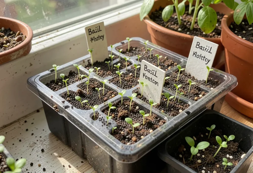 How to Germinate Basil Seeds – close-up of basil seedlings emerging from moist soil