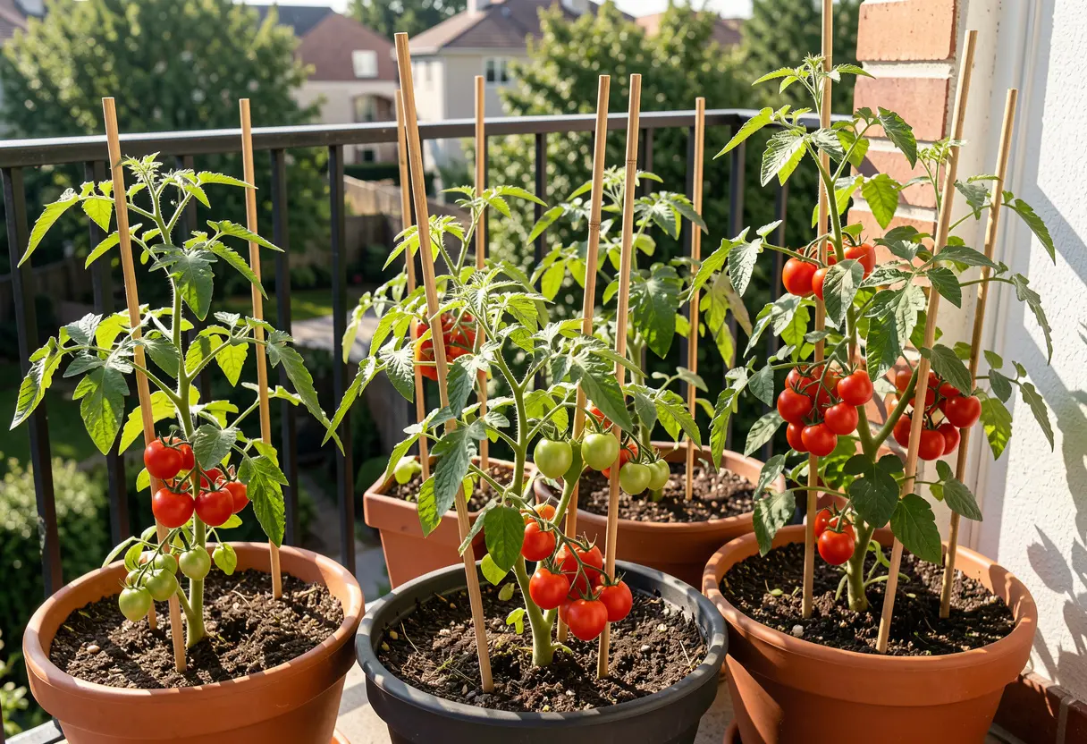 How to Grow Cocktail Tomatoes – hands supporting cocktail tomato plant with garden stakes