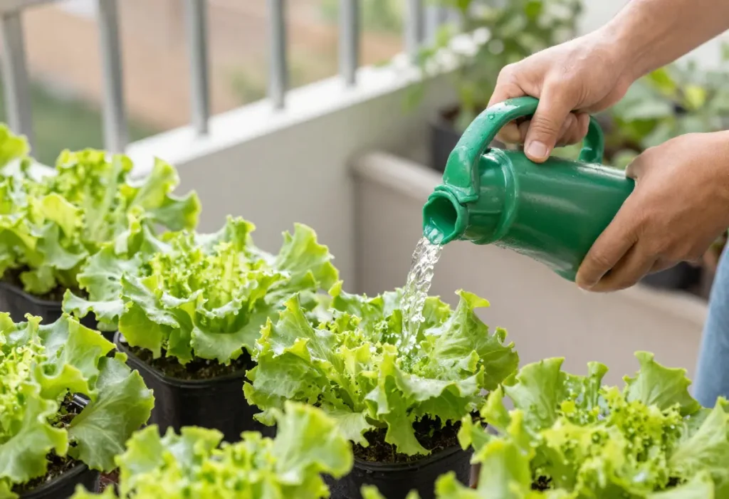 How to Grow Lettuce in Pots – hands watering lettuce plants in pots on balcony
