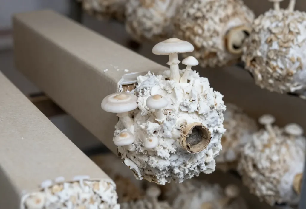 How to Grow Mushrooms from Cardboard – gardener layering cardboard with mushroom spawn in container