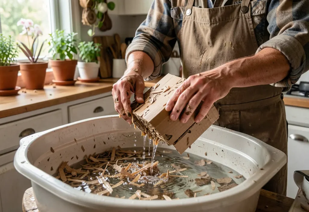 How to Grow Mushrooms from Cardboard – small mushrooms sprouting from prepared cardboard blocks